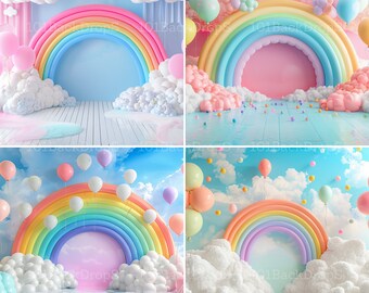 25 Rainbow Dream Cake Smash Photography Backdrop Balloons Cake Smash Backdrop Rainbow for Baby Birthday Photography Smash Cake Background