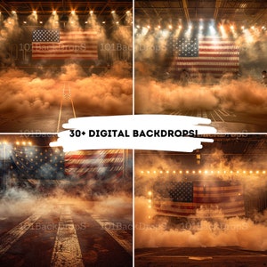 May include: Four digital backdrops featuring an American flag with smoke and lighting effects. The text "30+ DIGITAL BACKDROPS!" is superimposed on the image.