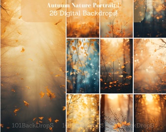 25 Autumn Nature Portrait Backdrops, Digital Fall Photo Editing Backgrounds, Photographer Pack with Yellow and Orange Foliage
