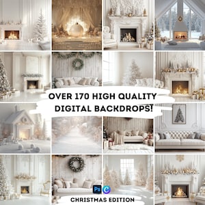 May include: A collage of 12 digital backdrops featuring a variety of Christmas scenes, including fireplaces, Christmas trees, and wreaths. The text "Over 170 High Quality Digital Backdrops! Christmas Edition" is displayed in the center of the image.