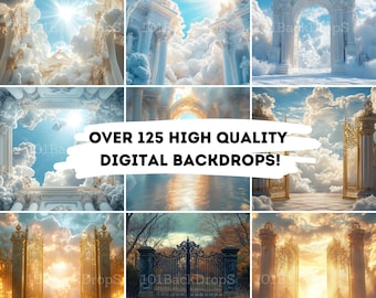 Pearly Gates Heaven Backdrop, Majestic Angelic Gate With Clouds