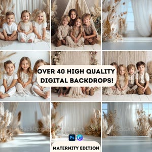 Whispers of Boho Bloom - 40+ Beige Boho Maternity Backdrops for Photoshop - Light Studio Digital Backgrounds for Fine Art Photography