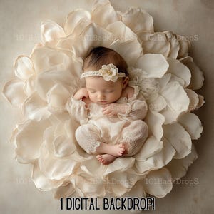 Könnte beinhalten: Ein neugeborenes Baby schläft auf einem Hintergrund aus weißen Blütenblättern. Das Baby trägt ein weißes Häkelkleid und ein Blumenhaarband.