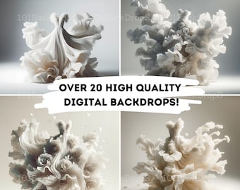 Puede incluir: Cuatro fondos digitales que presentan tela blanca y fluida dispuesta en una formación similar a una nube. La tela es texturizada y parece estar hecha de seda o satén. Los fondos son ideales para usar en fotografía o diseño gráfico.