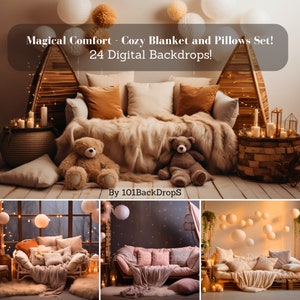 Peut inclure: Un ensemble de 24 arrière-plans numériques représentant des scènes de salon douillettes avec un canapé, des coussins, des couvertures et des ours en peluche. Les images sont parfaites pour les photographes et les designers qui souhaitent créer des arrière-plans chaleureux et accueillants pour leurs projets.