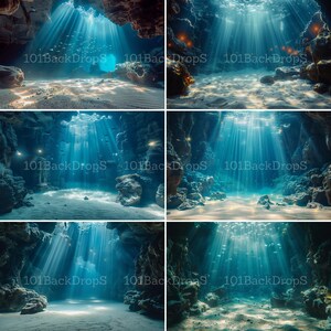 May include: A digital backdrop featuring a blue underwater scene with sunlight beams shining through a cave opening. The cave is made of dark brown rocks and the water is clear and blue.
