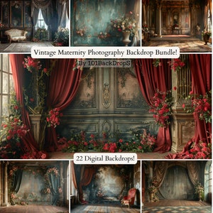 Può includere: Un pacchetto di sfondi digitali che include 22 immagini in stile vintage con dettagli decorativi, tende rosse e composizioni floreali. Le immagini sono ideali per la fotografia di maternità e presentano una varietà di sfondi, tra cui una stanza con una finestra, una stanza con un camino e una stanza con un grande portale decorato. Il testo "Vintage Maternity Photography Backdrop Bundle! By 101BackDrops" e "22 Digital Backdrops!" è incluso nell'immagine.