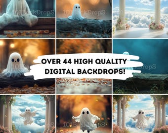 May include: A collection of 44 high-quality digital backdrops featuring a variety of scenes, including a forest path, a cloudy sky, and a white archway. The backdrops are perfect for use in photography and digital art.