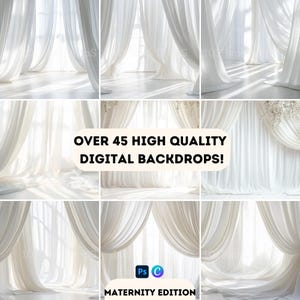 DreamDrape Backdrops - 45+ Dreamy White Curtain Digital Backgrounds - Maternity Studio Scenes & Photoshop Effects - Transparent Curtain
