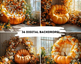 Enchanting Autumn Pumpkin Chair Digital Backgrounds - 36 High-Resolution Fall Photography Backdrops - Halloween Studio Decor