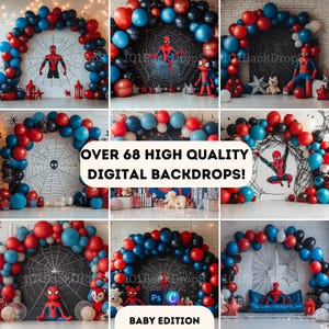 Könnte beinhalten: Ein digitales Hintergrundbild-Set mit Spiderman-Motiv mit roten, blauen und schwarzen Ballons, einem Spinnennetz und einer Spiderman-Figur. Der Text "OVER 68 HIGH QUALITY DIGITAL BACKDROPS!" und "BABY EDITION" ist ebenfalls im Bild enthalten.