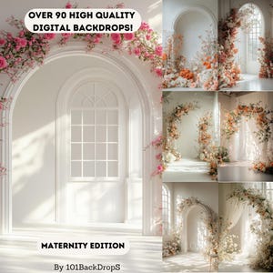 Whispers of Motherhood – 90+ Maternity Digital Backgrounds Bundle with White Floral Arches | Dreamy Backdrops for Maternity Photography