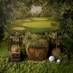 May include: A toy golf cart with a teddy bear inside, a bucket filled with green moss, a golf club, and two golf balls on a green grassy surface with a golf course in the background.