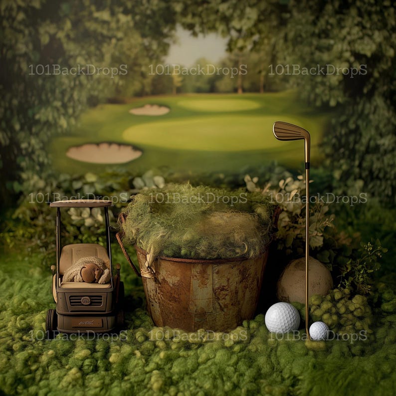 May include: A toy golf cart with a teddy bear inside, a bucket filled with green moss, a golf club, and two golf balls on a green grassy surface with a golf course in the background.