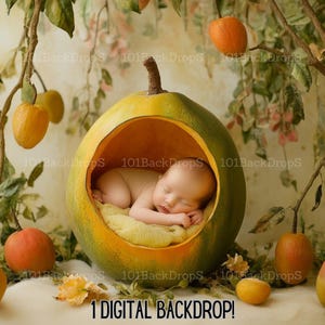 May include: A newborn baby sleeping inside a large, green and yellow fruit-shaped prop. The backdrop features hanging branches with yellow and orange fruits. The text "1 DIGITAL BACKDROP!" is at the bottom.