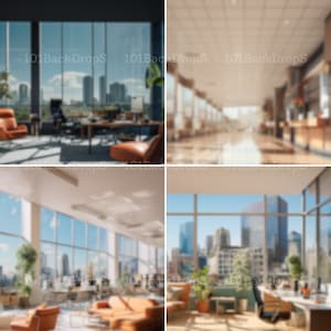 Könnte beinhalten: Vier unscharfe Bilder von modernen Büroräumen mit großen Fenstern, die einen Blick auf die Skyline einer Stadt bieten. Die Bilder zeigen eine Vielzahl von Möbeln, darunter Schreibtische, Stühle, Sofas und Pflanzen.