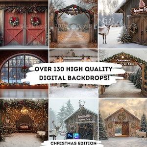 Op de afbeelding: Een collage van negen digitale achtergronden met verschillende kerstscènes, waaronder een rustieke schuur, een kerstboomkwekerij en een besneeuwd bos. De tekst "OVER 130 HIGH QUALITY DIGITAL BACKDROPS!" wordt in het midden van de collage weergegeven. De tekst "CHRISTMAS EDITION" wordt onderaan de collage weergegeven.