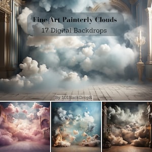 17 Fine Art Painterly Clouds Digital Backdrops, Backdrop Overlays, Photography Digital Background Overlays, Photoshop Textures Overlays