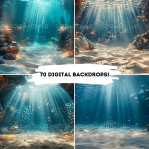 May include: A set of four digital backgrounds featuring underwater scenes with sunbeams shining through the water. The backgrounds are perfect for use in digital art, photography, and graphic design.