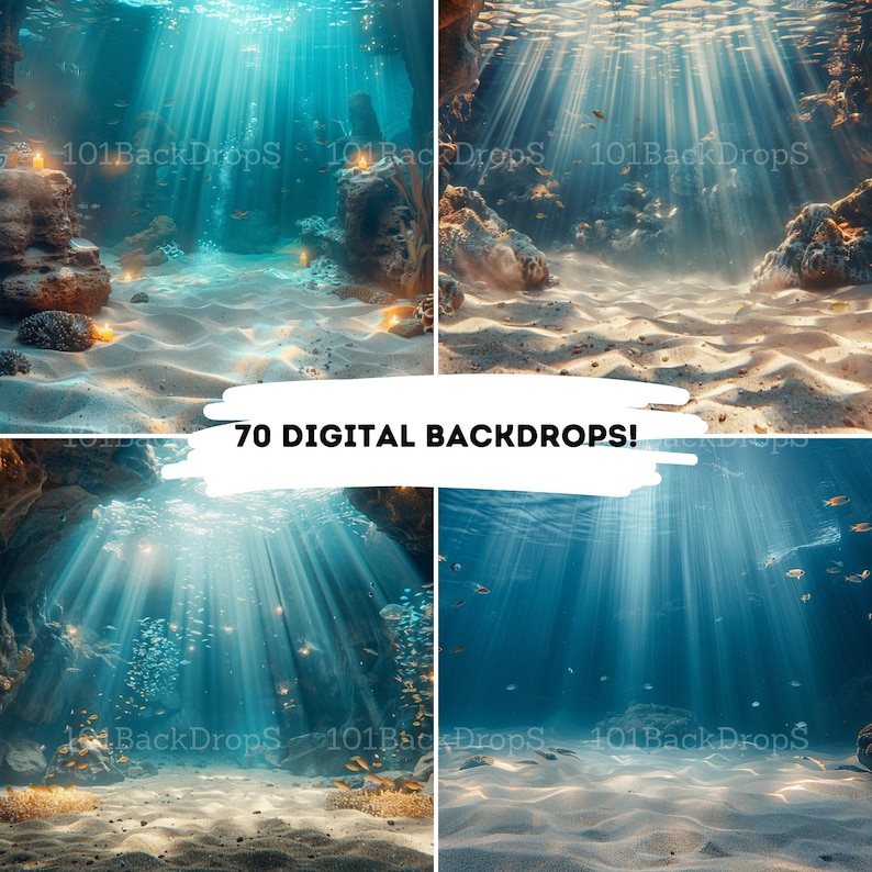 May include: A set of four digital backgrounds featuring underwater scenes with sunbeams shining through the water. The backgrounds are ideal for use in digital art, photography, and graphic design.