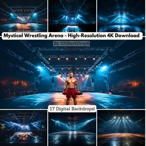 May include: A wrestling arena with blue lighting and a wrestler standing in the centre. The arena is empty except for the wrestler. There are 17 digital backdrops included in this download.