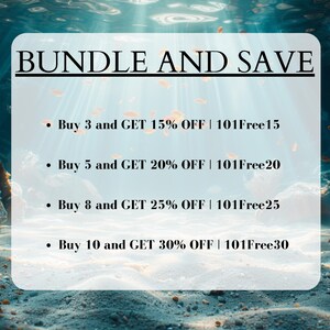 May include: A graphic with a blue and white background featuring the text "BUNDLE AND SAVE" and a list of discounts for buying multiple items. The discounts are: Buy 3 and get 15% off | 101Free15, Buy 5 and get 20% off | 101Free20, Buy 8 and get 25% off | 101Free25, Buy 10 and get 30% off | 101Free30.