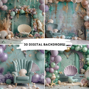 Mermaid Balloons Digital backdrops, Shells Balloons Arch Backdrop, Cake Smash, Photoshop Template, Photography Digital Background Overlays