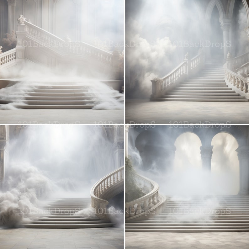 Puede incluir: Cuatro im&aacute;genes diferentes de una escalera de piedra blanca con barandilla. La escalera est&aacute; en una habitaci&oacute;n grande y blanca con un techo alto. La habitaci&oacute;n est&aacute; llena de una espesa niebla o neblina. La escalera est&aacute; iluminada por una luz brillante que viene de arriba.