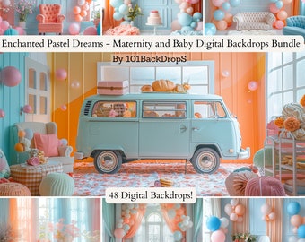 48 Pastellfarben Digitale Kulissen, Kinderfotografie Studio Backdrops, Baby Geburtstag Hintergrund, Cake Smash Hintergrund Retro Farben Kinder Overlays