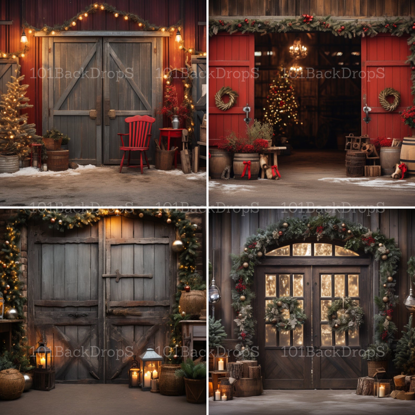 Christmas Barn Doors Digital Backdrops, Studio Backdrops Holiday Winter ...