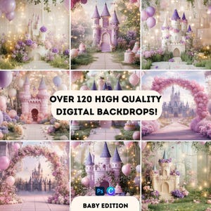 Op de afbeelding: Een collage van digitale achtergronden met sprookjeskastelen in roze, paars en wit, versierd met bloemen en ballonnen. Tekst luidt "OVER 120 HIGH QUALITY DIGITAL BACKDROPS!" en "BABY EDITION".