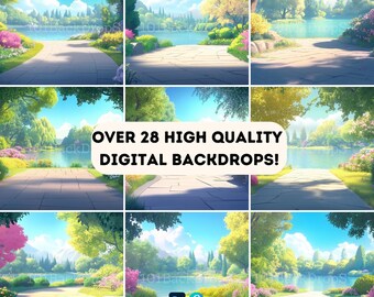 Puede incluir: Una colección de fondos digitales con entornos exteriores escénicos. Las imágenes muestran senderos, cuerpos de agua y exuberante vegetación bajo un cielo azul brillante. El texto en la imagen dice "OVER 28 HIGH QUALITY DIGITAL BACKDROPS!" y "SUMMER EDITION".