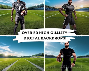 May include: Four digital backdrops featuring a football pitch with a player in a black and white uniform holding a football. The text "OVER 50 HIGH QUALITY DIGITAL BACKDROPS!" is displayed in the centre of the image.