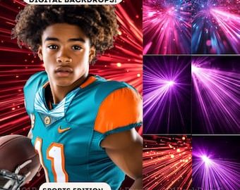 May include: A person in a teal and orange football uniform holding a football, with the text "OVER 80 HIGH QUALITY DIGITAL BACKDROPS! SPORTS EDITION" and examples of digital backdrops in the background.