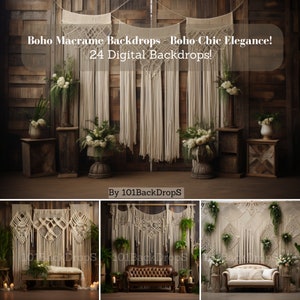 May include: Three digital backdrops featuring a rustic wooden wall with macrame wall hangings and greenery. The backdrops are perfect for photographers and crafters looking to create a bohemian chic aesthetic.