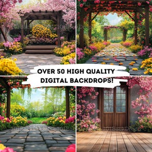 May include: Four digital backdrops featuring a garden setting with a wooden pergola, stone pathways, and lush greenery. The backdrops are ideal for photography and digital art.