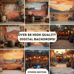 May include: A collection of digital backdrops featuring Western and desert themes. The images showcase scenes with wooden barrels, wagons, and desert landscapes. Text on the image reads "OVER 88 HIGH QUALITY DIGITAL BACKDROPS!"