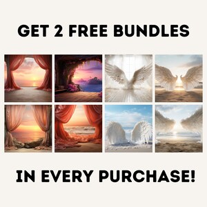 May include: A collage of six images showcasing different backdrops for photography. The images feature a variety of scenes, including a sunset over the ocean, a forest with a waterfall, and a field of flowers. The text "GET 2 FREE BUNDLES IN EVERY PURCHASE!" is displayed at the top and bottom of the collage.