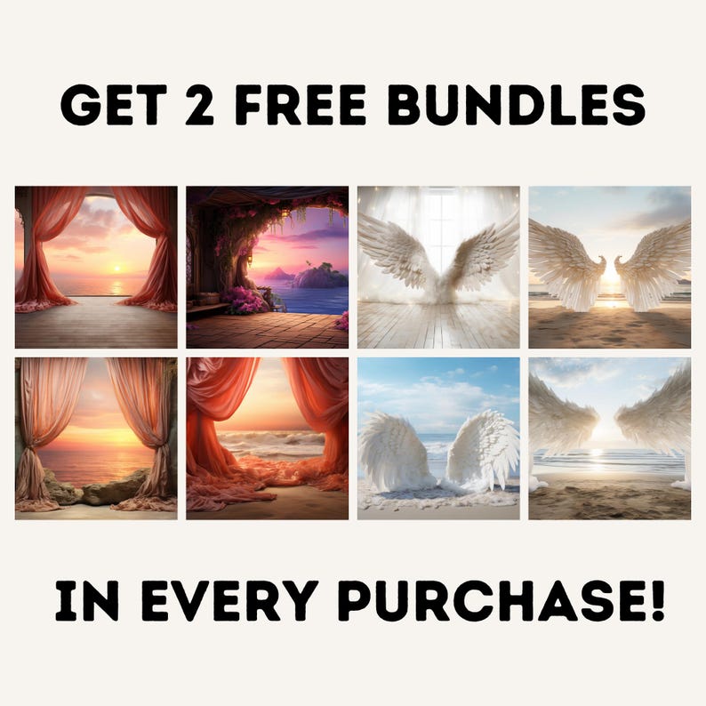May include: A collage of six images showcasing different backdrops for photography. The images feature a variety of scenes, including a sunset over the ocean, a forest with a waterfall, and a field of flowers. The text "GET 2 FREE BUNDLES IN EVERY PURCHASE!" is displayed at the top and bottom of the collage.