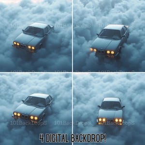 May include: Four digital backdrop images showing a classic grey car amidst blue-grey clouds. The car's headlights are on, and the text "4 DIGITAL BACKDROP!" is visible at the bottom of the image.