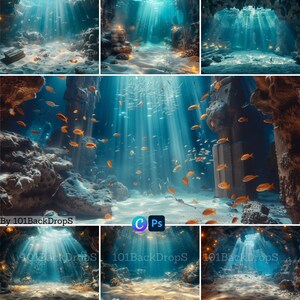 May include: A digital backdrop featuring an underwater scene with a cave, sunlight beams, and fish swimming. The scene is a light blue colour with a sandy bottom.