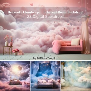 Puede incluir: Un telón de fondo digital que presenta un cielo nublado rosa y blanco con un sofá rosa y una mesa pequeña con flores. El texto "Heavenly Cloudscape - Ethereal Room Backdrop! 23 Digital Backdrops! By 101BackDropS" está en la parte superior de la imagen.