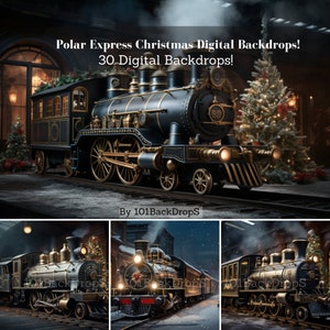 30 Polar Express Weihnachten digitale Backdrops für Kinder, Weihnachten Zug Fotografie Verbundstoff, Schnee Winterdorf, Nordpol Zug Overlay