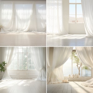 Digital Backdrops: 32x Breathtaking White Dreamy Sheer Curtain Backgrounds, Maternity Overlays, Studio Backdrops