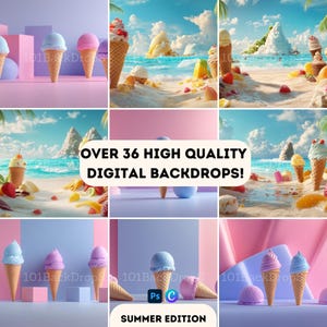 以下が含まれることがあります： アイスクリームコーンとビーチシーンをフィーチャーした画像のコラージュ。「OVER 36 HIGH QUALITY DIGITAL BACKDROPS!」というテキストが表示されています。画像の下部には、PhotoshopとCorelDrawのロゴとともに「SUMMER EDITION」と書かれています。