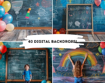 Digital Back to School Backdrops, Chalkboard Background, Classroom Photo Prop Overlays, Balloon Photo Graduation, Studio Backdrops,