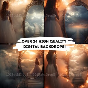 May include: Four digital backdrops featuring a woman in a white dress walking towards a golden ornate mirror reflecting a path leading to a cloudy sky. The text "OVER 24 HIGH QUALITY DIGITAL BACKDROPS!" is displayed in the center of the image.