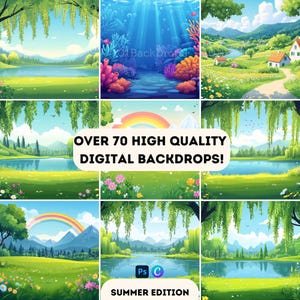 Paquete WhimsyScapes: más de 70 fondos mágicos de dibujos animados para libros infantiles, escenas de cuentos y maquetas de productos inspirados en la naturaleza. Fondos digitales.
