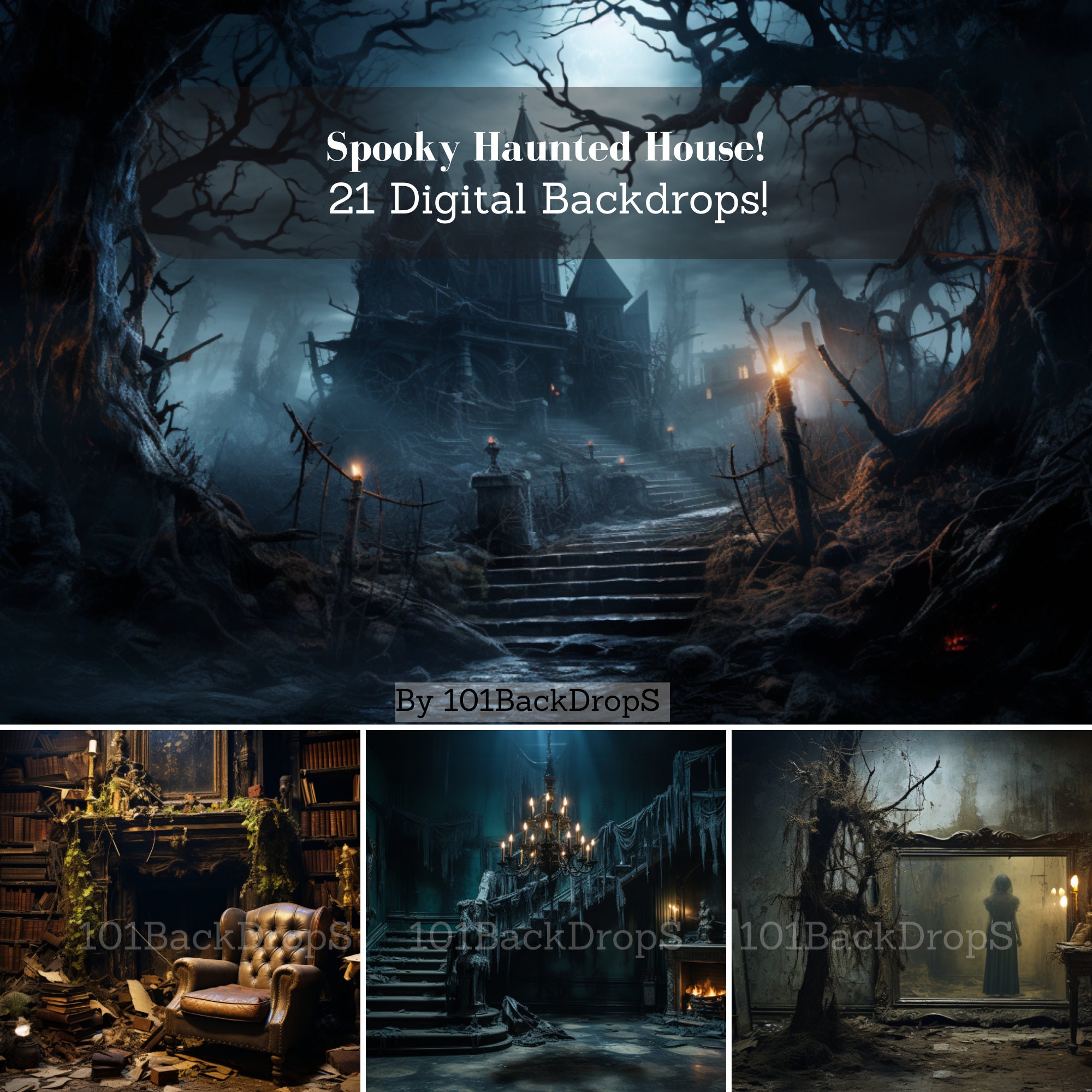 21 x Digital Backdrops, Spooky Haunted House, Creepy Halloween Background, Digital Backdrop for Photography, Studio Backdrops