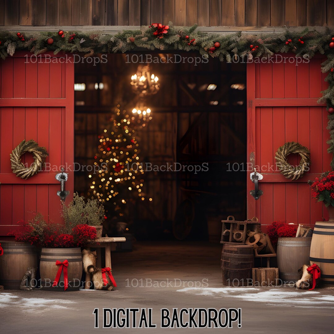 Christmas Barn Doors Digital Backdrops, Studio Backdrops Holiday Winter ...